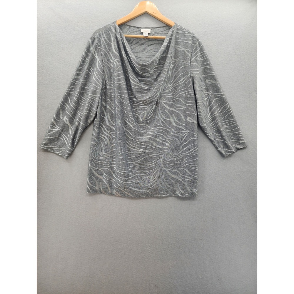 Chico's Silver Metallic Zebra Cowl Neck Top Grey 3/4‎ Sleeve Blouse Size 3 XL